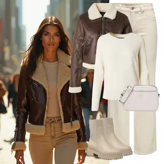 Outfit sa Bež/Smeđa/Kaki Kožna Jakna/Podstavljena Gležnjača/Gumena Gležnjača/Ravna Gležnjača/Chelsea Gležnjača About You "Moderan zimski outfit"
