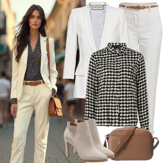 Outfit s Šedá/Bílá/Krémová Business Kalhoty/Obleková Kalhoty/Marlene Kalhoty/Kalhoty se Štěrbinou/Plisovaná kalhoty about you x iconic by tatiana kucharova "Perfektní pro jaro"