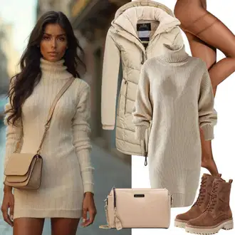 Outfity na zimu s Šedá/Khaki/Béžová/Hnědá Šaty S Rolákem/Dlouhé pletené šaty/Zimní Pletené Šaty/Svetrové Šaty Only "Perfektní pro jaro"