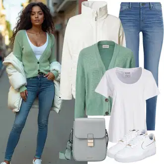 Outfit s Bílá/Krémová Merino Bunda/Pletená Fleecová Bundy fw "Pohodlný Jarní Outfit"