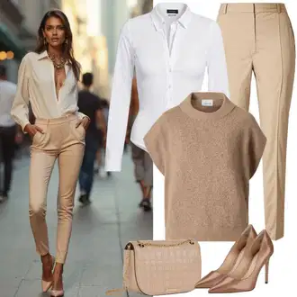 Eleganten outfit mit Bež/Rjava Torba za čez ramo/Torbica za čez ramo/Torba za čez ramo/Torbica za okrog pasu/Mini torbica/Torbica za okrog pasu/Billfold/Satchel torba mmc studio "Popoln pisarniški outfit"Look: Eleganten, Italijanska, Fancy, Western, Vintage, Klasična, Boho, Plemenita, Premij