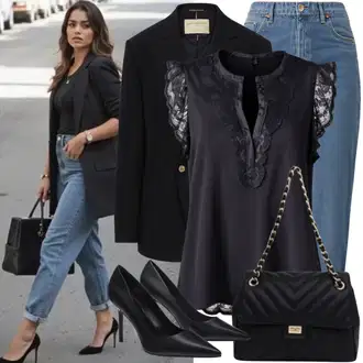 S Pertlanjem Outfit sa Tamnoplava/Plava/Svjetloplava Mom Jean/Ženske Traperice 7/8 Dužine/Traperice Ravne Nogavice/Skraćene Traperice/Termo Traperice/Muška Kožna Jakna/Formalna Košulja/Dad Traperice/Trenerke Traperice/Vrećaste Traperice/Sportske cipele/Traperice Opuštenog Kroja jjxx "Poslovni izgled"