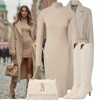 Outfity na podzim s Béžová/Bílá/Khaki Dlouhá Kozačka/Kozačka po Kolena/Kozačka nad Kolena/Vintage kozačka/Špičatá Kozačka About You "Outfity na volný čas"