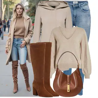 Outfit s Šedá/Hnědá/Béžová/Khaki Scuba Kabát/Pletený Kabát/Kašmírový Kabát/Lehký Kabát/Vlněný Kabát/Pletený Fleecový Kabát/Vlněný Fleecový Kabát/Lodenový Kabát/Kabát s Úzkým Střihem/Kabát s Kapucí Only "Praktický vzhled"