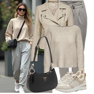 Outfit s Světle šedá/Béžová/Hnědá/Khaki/Šedá Boyfriend Kalhoty/Mrkvová Kalhoty/Ležérní Kalhoty/Kalhoty s nášivkou uprostřed/Kalhoty z Umělé Kůže/Jogger Kalhoty/Mušelínové kalhoty/Paperbag Kalhoty/Úzká Kalhoty/Navlékací Kalhoty Only "Praktický vzhled"