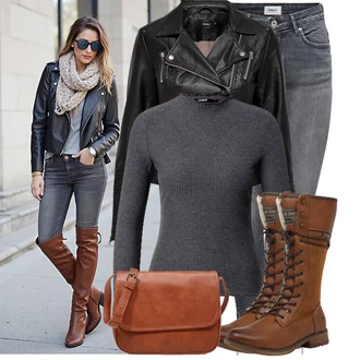 Outfit s Tmavě hnědá/Hnědá/Béžová/Oranžová Šněrovací Kozačka/Bota se širokým nohavici/Jezdecká Bota/Vintage kozačka/Motorkářská Bota/Bojová Bota/Motorkářská bota/Dlouhá Kozačka/Nepromokavá kozačka Mustang "Praktický vzhled"