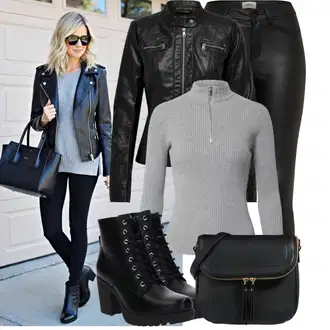 Koža S zakovicama Outfit sa Crna Poslovna Obuća/Cipela s ručnikom/kožena cipela/Čizmica Chelsea Gležnjača/Motociklistička čizma About You "Praktičan look"Look: S zakovicama, Hodanje, Jahanje