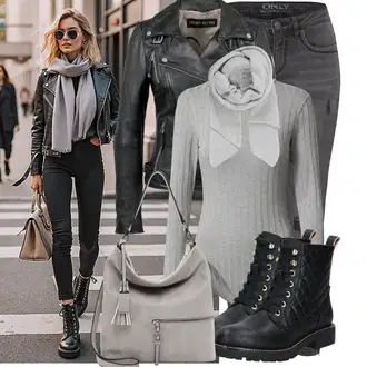 Outfit sa Crna Gležnjača na Vezanje/Klasična čizmica/Kožna Jakna/Čizma s patentnim zatvaračem/Gumena Gležnjača/Ravna Gležnjača/Podstavljena čizma/Borbena Čizma About You "Praktičan look"