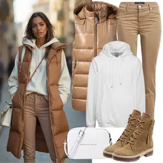 Outfit sa Krem/Bijela/Crvena/Smeđa Pletena dukserica/Majica od flisa/Kožna jakna/Džemper/Sportska majica Pull&Bear "Proljetni izgled"
