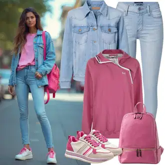 Outfit sa Pink Majica od flisa/Hoodie s poluzatvaračem/Džemper/Sportska majica/Trenirka New Balance "Proljetni Izgled"