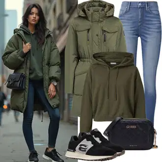 Outfit sa Tamnozelena Sportska majica/Hoodie s poluzatvaračem/Kožna jakna/Vintage majica s kapuljačom/Majica od flisa/Sportska dukserica fcuk "Proljetni izgled"