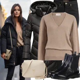 Kombinacije za zimu Jesen sa Crna Zimska Jakna/Puferica Jakna/Box jakna/Jakna s Kapuljačom/Prošivena Jakna/Donja Jakna Nike Sportswear, Bež/Kaki/Bijela/Smeđa Basic Džemper/Pulover s V-izrezom/Džemper Od Kašmira/Mohair Pullover/Kašmir Džemper/Vuneni Džemper/Jednostavni Džemper/Nicky pulover Object "Proljetni outfit"
