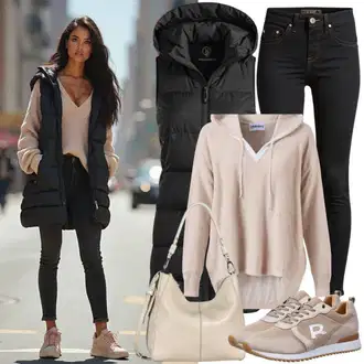 Outfit sa Bež Vintage majica s kapuljačom/Majica od flisa/Hoodie s poluzatvaračem/Sportska majica/Kožna jakna fcuk "Savršeno za proljeće"