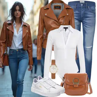 Outfit sa Bež/Smeđa Kožna Jakna/Vintage Kožna Jakna/Bajkerska Jakna/Kožna Bomber Jakna/Jakna od Umjetne Kože Faina "Savršeno za proljeće"
