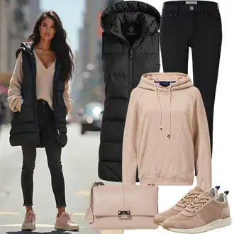 Outfit sa Bež Vintage majica s kapuljačom/Majica od flisa/Hoodie s poluzatvaračem/Sportska majica/Kožna jakna fcuk "Savršeno za proljeće"