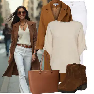 Moderní Outfit s Bílá/Hnědá/Černá Džín s Širokou Nohavicí/Dámské Džíny s Délkou 7/8/Zvonové Džíny/Zkrácené Džíny/Formální Košile/Džíny Culottes/Plisované Džíny Only "Stylová kombinace na jaro"Look: Styl, Cool, Francouzské, Italský, Námořní, Moderní, Mom, Krásný, Španělské, Western, Old Money, 70tá léta