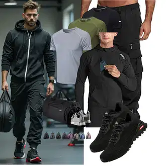 Outfit mit Schwarz/Dunkelblau/Khaki Parachute Hose/Cargo-JoggingHose/Capri/CargoHose/Cargo Short SOOUICKER "sport outfit"