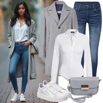 Outfit sa Siva/Svjetlosiva Pleteni Kaput/Vuneni kaput/Pleteni Flis Kaput/Usko Krojena Kaputa/Kaput od Kašmira/Kaput od Vunenog Flisa/Midi Kaput/Sako Kaput/Lagani Kaput Only "Stilski Izgled"