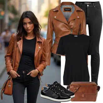 Outfit sa Bež/Smeđa Kožna Jakna/Vintage Kožna Jakna/Bajkerska Jakna/Kožna Bomber Jakna/Jakna od Umjetne Kože Faina "Stilski Izgled"