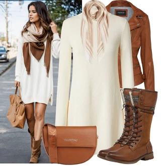 Outfit s Tmavě hnědá/Hnědá/Béžová/Oranžová Šněrovací Kozačka/Bota se širokým nohavici/Jezdecká Bota/Vintage kozačka/Motorkářská Bota/Bojová Bota/Motorkářská bota/Dlouhá Kozačka/Nepromokavá kozačka Mustang "Perfektní na jaro"