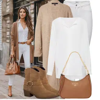 Kombinacije od trapera Pametno ležerno sa Siva/Bijela/Krem/Kaki/Bež/Smeđa Bluza i Tunika/Bluza Veći Broj Vila "Savršen za proljeće"Look: klasický, Stil, Pametno ležerno, Ured, Elegantan, Sveučilišna