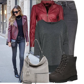 Outfit s Šedá/Světle šedá/Tmavě šedá Kožená bunda/Dámské Džíny s Délkou 7/8/Push up Džín/Zimní bunda/Termální Džíny/Capri Džíny/Zkrácené Džíny/Slim Fit Džíny/Kožené Boty/Kotníková Bota/High Waist Džínové Kalhoty/Džíny s Rozparkem levi's ® "Praktický vzhled"