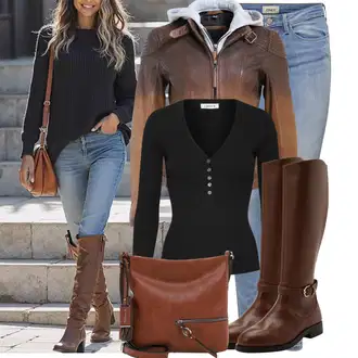 Cowgirl Outfit sa TamnoSmeđa/Smeđa/Bež Čizmica Čizma za Jahanje "Outfit za proljeće"Look: Chic, cool, Cowgirl, Elegantan, Prekrasan, Old Money, Western