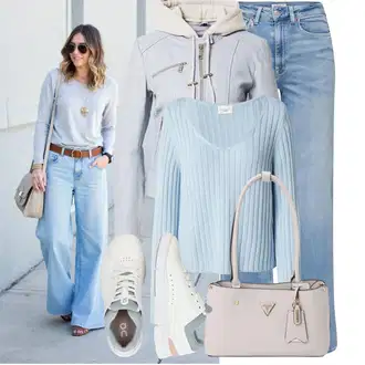 Zvonové kalhoty Outfit s Světle modrá Džíny Džín s Širokou Nohavicí/Dámské Džíny s Délkou 7/8/Zkrácené Džíny/Vintage Džíny/Džíny Volného Střihu/Dad Džíny/Pánské tričko/Džíny s Rozparkem/Zvonové Džíny/Džíny Culottes Only "Stylový look na jaro"