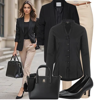 Casino Outfit s Černá/Tmavě šedá Blůza s knoflíčkem/Halenka se Stojatým Límcem/Halenka Slim Fit/Businessová Halenka/Halenka s Dlouhým Rukávem/Žehlení odolná blůza More & More "Stylový look na jaro"Look: Bar, Svátek cukru, Pohřeb, Casino, Koncert, Biřmování, Večeře, Galavečer, Opera, Párty, Škola, Scéna, Firemní večírek, 40. narozeniny