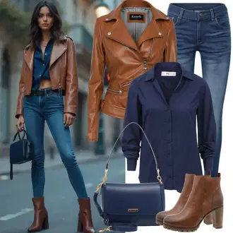 Na Procházku Outfit s Tmavě modrá Halenka s Dlouhým Rukávem/Halenka se Stojatým Límcem/Halenka Slim Fit/Blůza s knoflíčkem/Žehlení odolná blůza/Businessová Halenka/Kožená bunda pro muže About You "Stylový jarní outfit"Look: Na Procházku, Pracovní, Volný čas