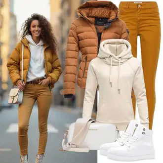 Outfit sa Bež Vintage majica s kapuljačom/Majica od flisa/Hoodie s poluzatvaračem/Sportska majica/Kožna jakna fcuk "Udobna proljetna odjeća"