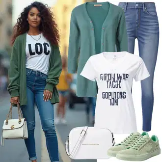 Outfit Inspo Poletje mit Krem/Temno siva/Srebrna/Črna/Siva/Bela Srajca z bleščicami/Tiskana majica/Grafična majica/Lepa Majica bittersweet paris, Bela Torba za čez ramo/Billfold/Mini torbica/Satchel torba MICHAEL Michael Kors "Ulični slog Outfit"