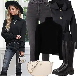 Outfit sa Crna/Tamnoplava Trenč Kaput/Kišni Kaput/Kaput s Kapuljačom/Duffle Kaput/Ljetni Kaput/Scuba Kaput/Prijelazni Kaput/loden kaput/Kabanica i Funkcionalni Kaput/Baloner VERO MODA "Zimske Odjeće"
