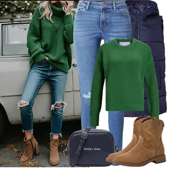 Kombinacije za zimu Škola sa Svjetloplava/Plava Traper Tajice/rupa hlača/Jeggings Pieces, Zeleno/Tamnozelena/Neon boje Nekategorizirano jjxx "Proljetni Outfit"Look: dan na plaži, Škola, Rođendan, 18. rođendan, Koncer, Brvnare