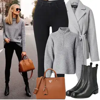 Outfit sa Crna/Smeđa Chelsea Gležnjača/Kožna gležnjača/Ravna Gležnjača About You "Zimske Odjeće"