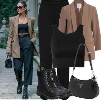 Outfit sa Crna Gležnjača na Vezanje/Klasična čizmica/Kožna Jakna/Čizma s patentnim zatvaračem/Gumena Gležnjača/Ravna Gležnjača/Podstavljena čizma/Borbena Čizma About You "Zimske Odjeće"