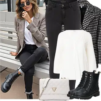 Outfit sa Crna Gležnjača na Vezanje/Klasična čizmica/Kožna Jakna/Čizma s patentnim zatvaračem/Gumena Gležnjača/Ravna Gležnjača/Podstavljena čizma/Borbena Čizma About You "Zimske Odjeće"