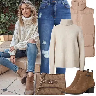 Outfit sa Smeđa/TamnoSmeđa/Bež ljetna gležnjača/Chelsea Gležnjača/Kožna gležnjača/Vintage Gležnjača/Western Gležnjača/Kaubojska čizma/Ravna Gležnjača/Podstavljena Gležnjača Tamaris "Zimske Odjeće"