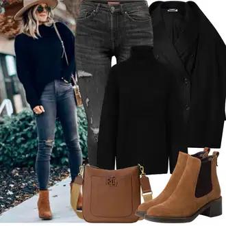 Outfity z džínu Zima s Černá Basic Svetr/Svetr Carmen/Kašmírový Svetr/Kašmírový Svetr/Pletený Svetr/Mohair Pullover/Jednoduchý Svetr/Rolák/Zimní Svetr/Vlněný Svetr/Svetr s límečkem Pieces "Zimní Outfity"