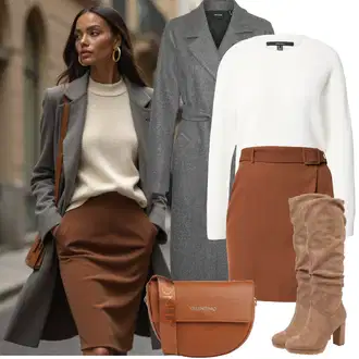 Cowgirl Outfit sa Smeđa/Bež/Siva Klasična čizmica/Čizma na visoku petu/Duga Čizma/Čizma na Špic/Široke čizme/Čizma do Koljena About You "Zimske Odjeće"Look: Cowgirl, Western, cool, Šik, Old Money