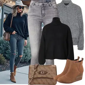 Outfity na zimu s Šedá/Světle šedá Džíny Kožené Boty/Kotníková Bota/Kožená bunda/Motorkářské Džíny/Džíny s Dírou/Push up Džín/Džíny s Rozparkem/Zimní bunda/High Waist Džínové Kalhoty Noisy may "Zimní Outfity"