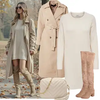 Outfit sa Bež/Kaki/Bijela/Smeđa/Krem Platnena Haljina Dugih Rukava/Džemper Haljina/Zimska Haljina Zimska Pletena Haljina/Duga pletena haljina Only "Zimske Odjeće"