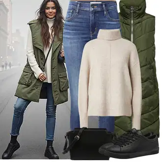 A line Outfit sa Tamnozelena Haljina Veći Broj/Parka velike veličine JdY "zimski outfit"