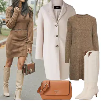 Outfity na podzim s Béžová/Bílá/Khaki Dlouhá Kozačka/Kozačka po Kolena/Kozačka nad Kolena/Vintage kozačka/Špičatá Kozačka About You "Zimní Outfity"