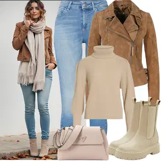Outfit sa Kaki/Smeđa/Bež Chelsea Gležnjača/Gumena Gležnjača/Kožna Jakna Edited "Zimske Odjeće"