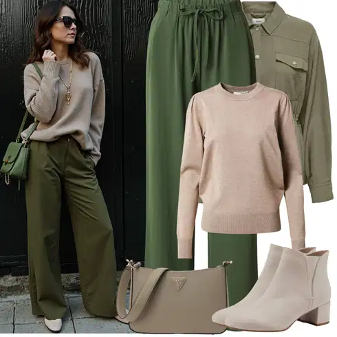 Kombinace Tmavě zelená/Khaki/Zelená Široká Kalhoty Baggy Kalhoty/Plážová Kalhoty/Mušelínové kalhoty/Palazzo Kalhoty/Paperbag Kalhoty/Plisovaná Kalhoty/Plisovaná kalhoty/Relaxační kalhoty/Slinky Kalhoty/Navlékací Kalhoty/Tradiční Kalhoty About You kombinovat s Béžová/Khaki/Hnědá Sveter Basic Svetr/Kašmírový Svetr/Svetr z Jemné Pleteniny/Svetr s Kulatým Výstřihem/Jednoduchý Svetr/Vlněný Svetr SAINT TROPEZ