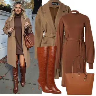 Outfity na zimu s Hnědá/Tmavě hnědá Šaty s Páskem/Šaty na Podzim/Dlouhé pletené šaty/Zimní šaty s dlouhým rukávem/Svetrové Šaty/Šaty S Rolákem/Zimní Pletené Šaty About You "Zimní Outfity"