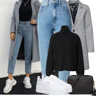 Outfity na zimu s Šedá/Bílá Teniska na platformě/Nízká Teniska Puma "Zimní Outfity"