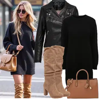 Cowgirl Outfit sa Smeđa/Bež/Siva Klasična čizmica/Čizma na visoku petu/Duga Čizma/Čizma na Špic/Široke čizme/Čizma do Koljena About You "Zimske Odjeće"Look: Cowgirl, Western, cool, Šik, Old Money