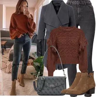 Outfit sa Smeđa/TamnoSmeđa/Bež ljetna gležnjača/Chelsea Gležnjača/Kožna gležnjača/Vintage Gležnjača/Western Gležnjača/Kaubojska čizma/Ravna Gležnjača/Podstavljena Gležnjača Tamaris "Zimske Odjeće"